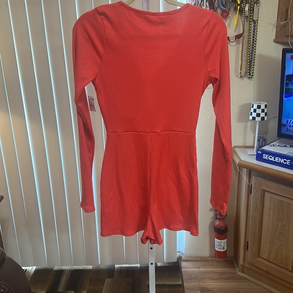 Lulu’s Dark Orange Long Sleeve Ruched Romper - Picture 6 of 7